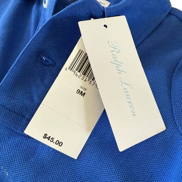 Ralph Lauren Paint Splatter Polo Mesh Shortall Romper Baby 9M Pony Logo Blue NWT - Picture 5 of 6